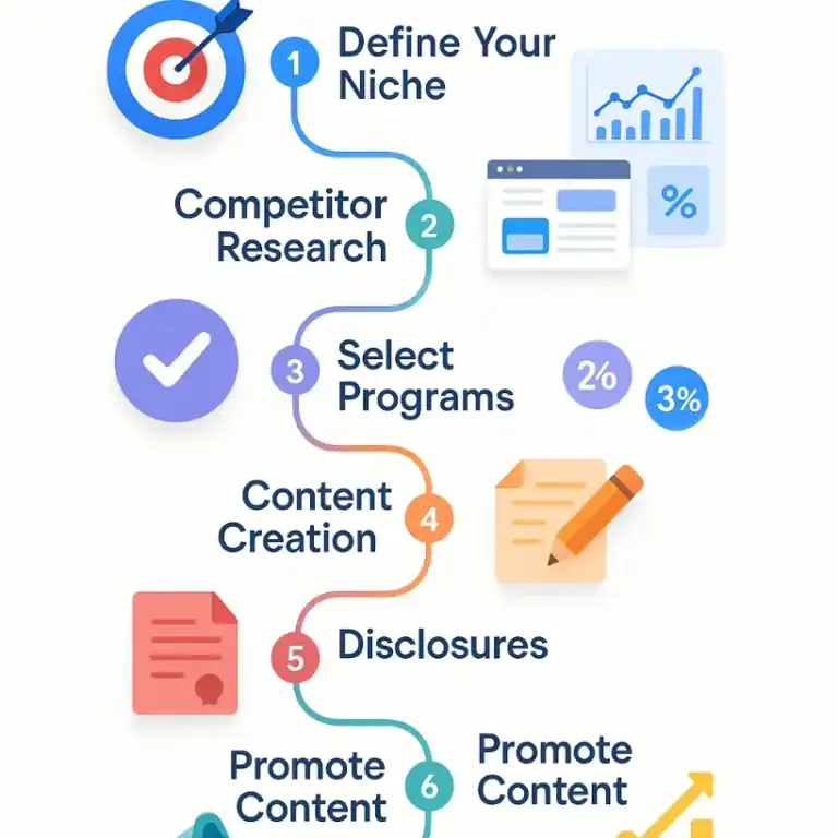Affiliate program selection process: niche, research, programs, content, disclosures, promote.
